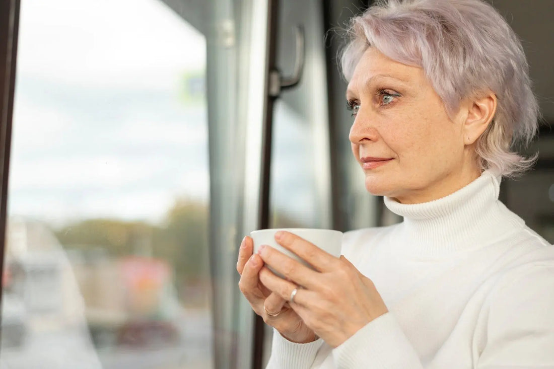 Older person with gray hair and visible neck wrinkles stands near a window wearing a white shirt.