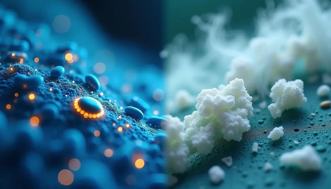 Artistic rendering of cellular and molecular structures showing energy transfer and biochemical activity, symbolizing NAD⁺ function in mitochondrial health and cellular metabolism.
