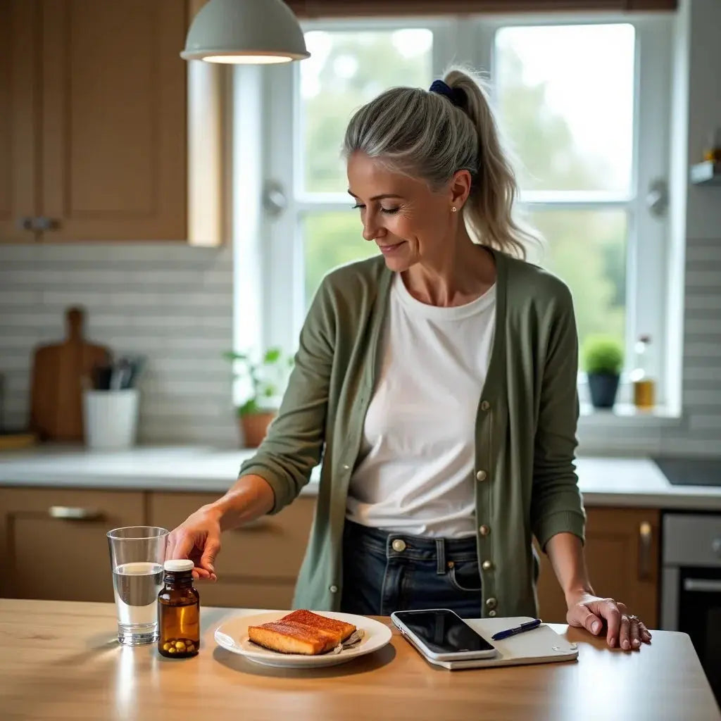 Older woman in kitchen reaching for vitamin D supplements beside a glass of water and toast on the table.