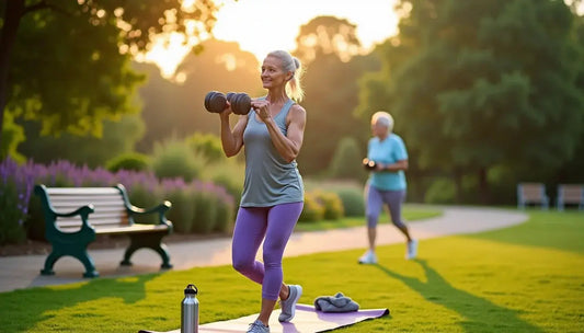 Two older women exercising with dumbbells outdoors in a park during sunset for bone and joint health.
