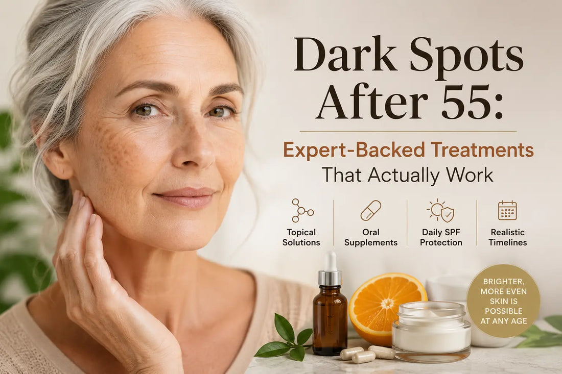 mature woman over 55 with facial dark spots alongside skincare products and supplements for healthy ageing skin