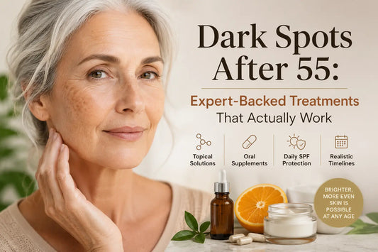 mature woman over 55 with facial dark spots alongside skincare products and supplements for healthy ageing skin