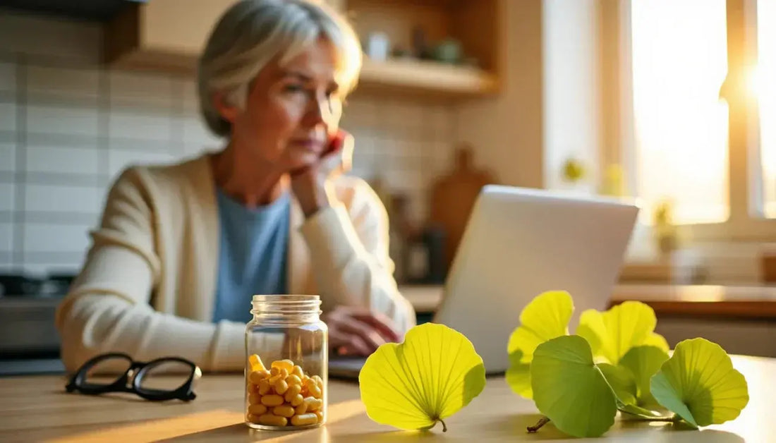Jar of yellow Ginkgo Biloba capsules with fresh ginkgo leaves on a table, an older person using a laptop in the background