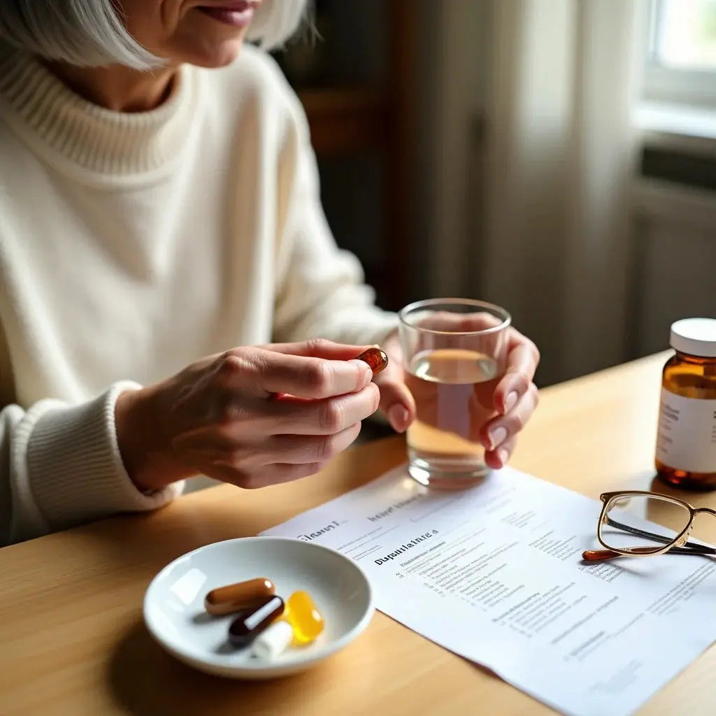 A woman holding a supplement capsule and a glass of water, with various pills and a document on a table.