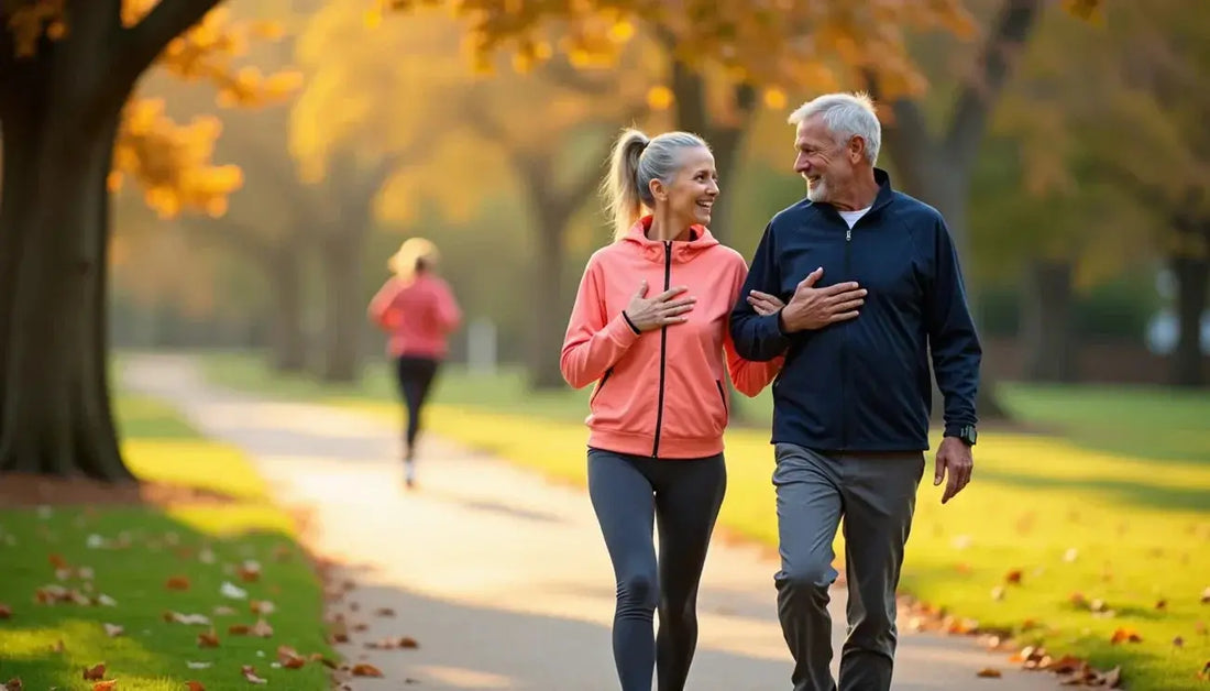Older couple walking outdoors doing heart health check exercises in autumn park setting