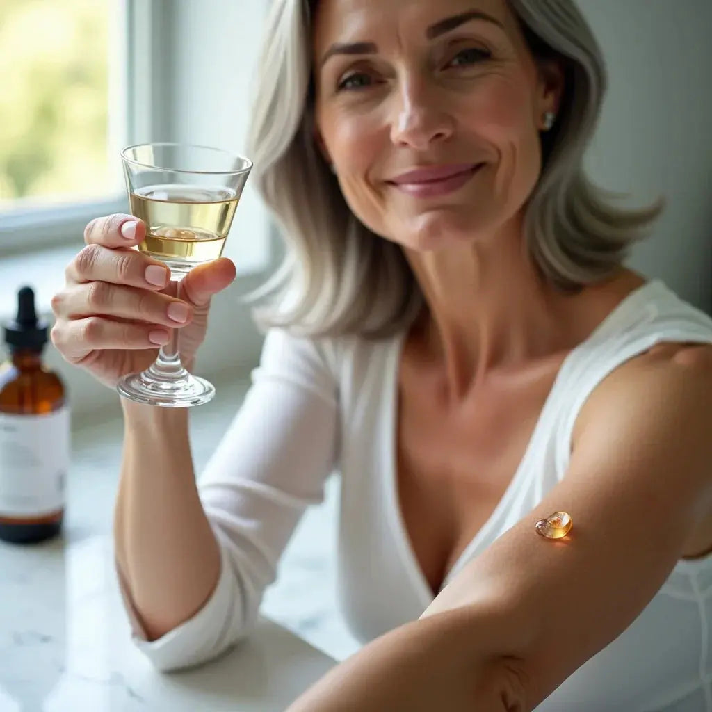 Smiling mature woman holding a glass of liquid with a supplement capsule on her arm, illustrating hyaluronic acid use.