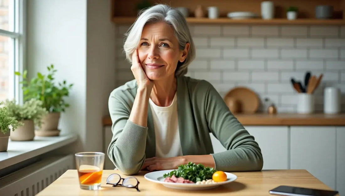 Older woman sitting at a kitchen table with a plate of healthy food, symbolizing iron deficiency risk after 55.