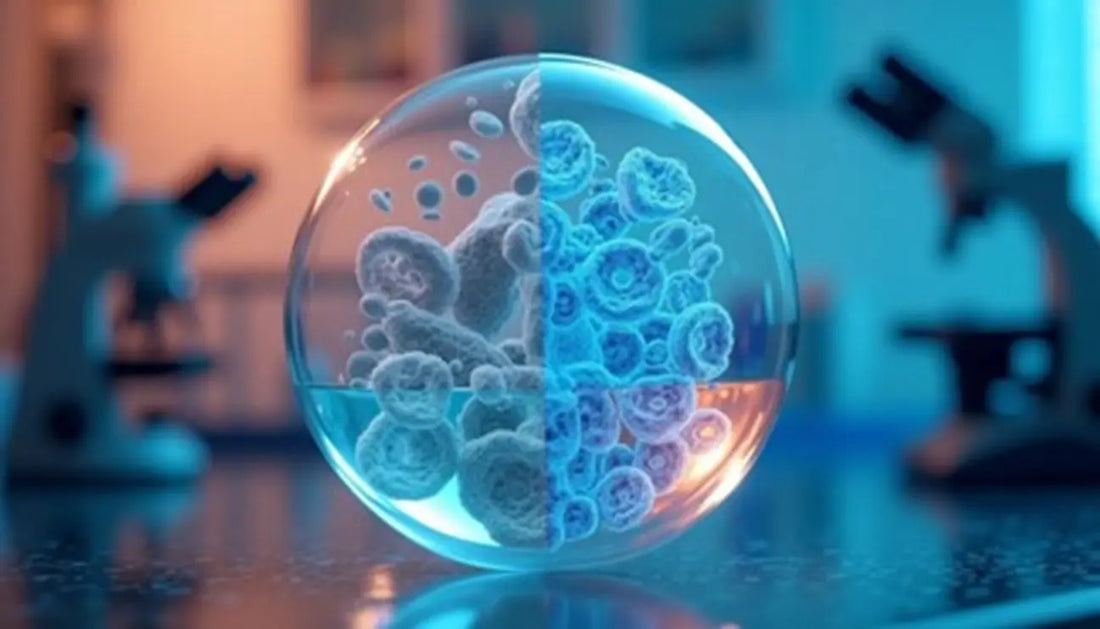 Split-cell sphere in lab setting showing diseased vs. healthy tissue—ideal for biomedical or synthetic biology content.