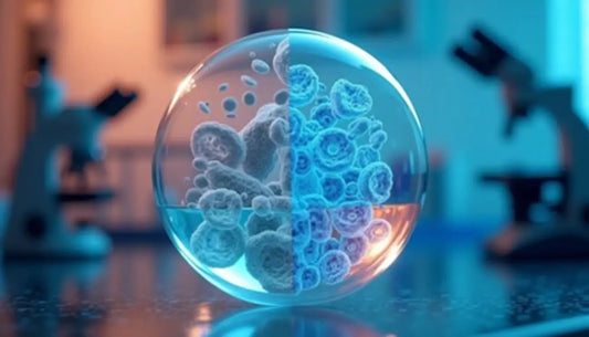 Split-cell sphere in lab setting showing diseased vs. healthy tissue—ideal for biomedical or synthetic biology content.