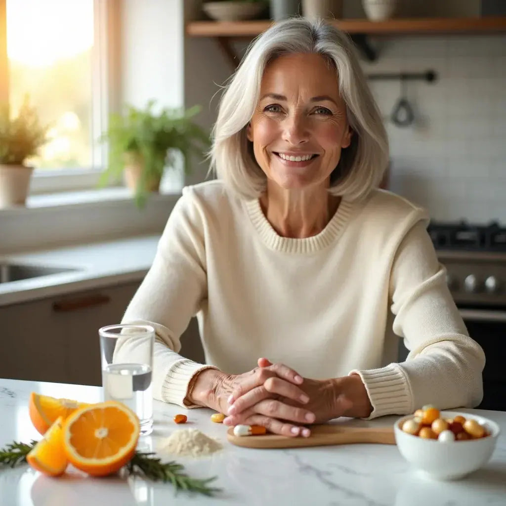 Mature woman sitting at kitchen table with collagen supplements, orange slices, and a glass of water in soft morning light.