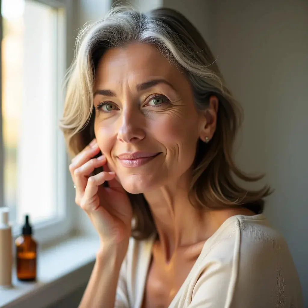 Middle-aged woman gently touching her face by a window with skincare products nearby, highlighting menopause skin care.