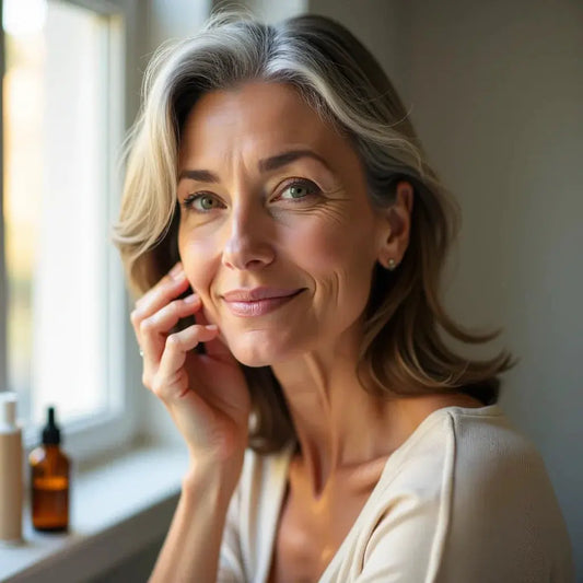 Middle-aged woman gently touching her face by a window with skincare products nearby, highlighting menopause skin care.