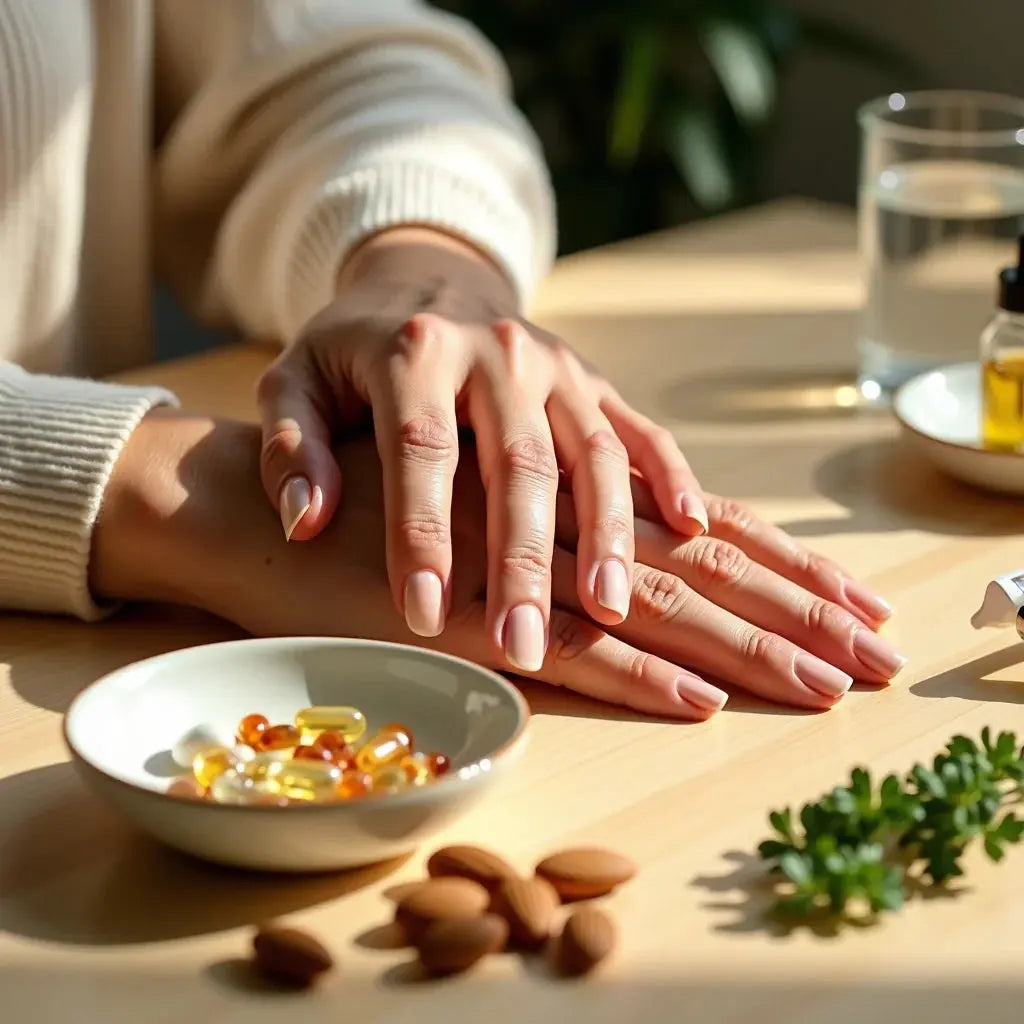 Close-up of well-manicured hands resting on a table with supplements, almonds, and a glass of water nearby.