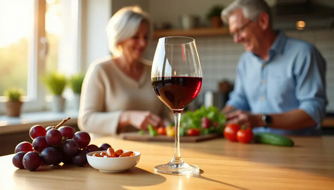 Glass of red wine with grapes and supplements on a kitchen table, elderly couple preparing vegetables in the background