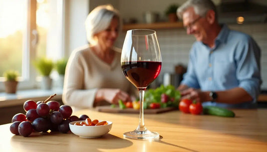 Glass of red wine with grapes and supplements on a kitchen table, elderly couple preparing vegetables in the background