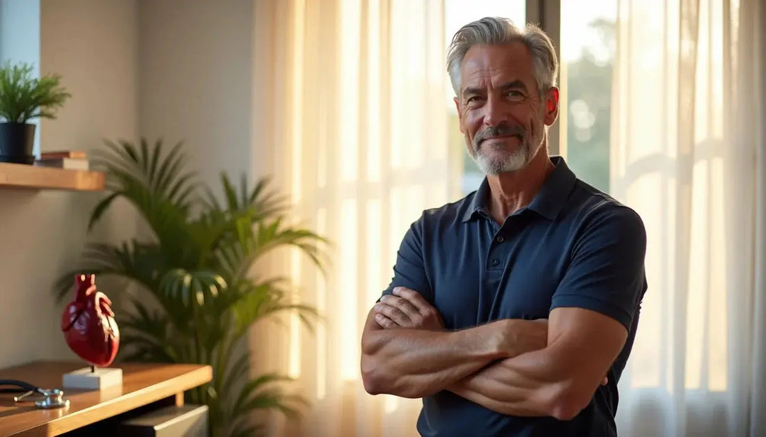 Mature man with crossed arms stands in a sunlit room with a heart model and stethoscope on a table nearby.