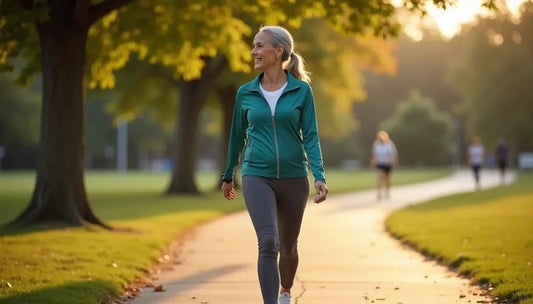 Woman in activewear walking on a sunlit park path surrounded by trees and grass in the evening.