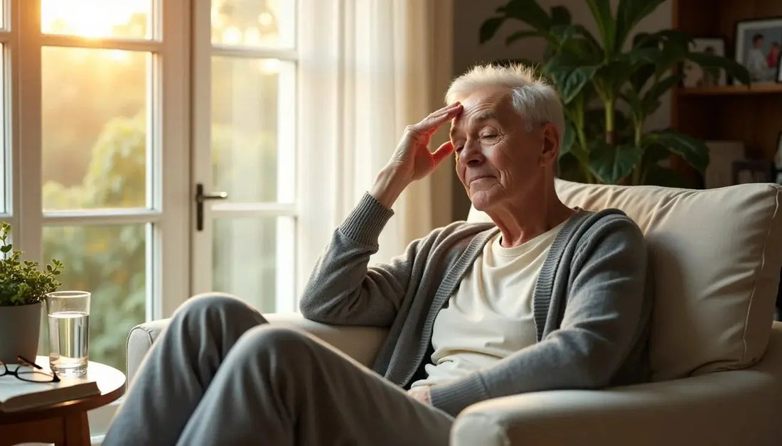 Older person sitting tired on a couch in a sunlit room, holding their head in fatigue or discomfort.