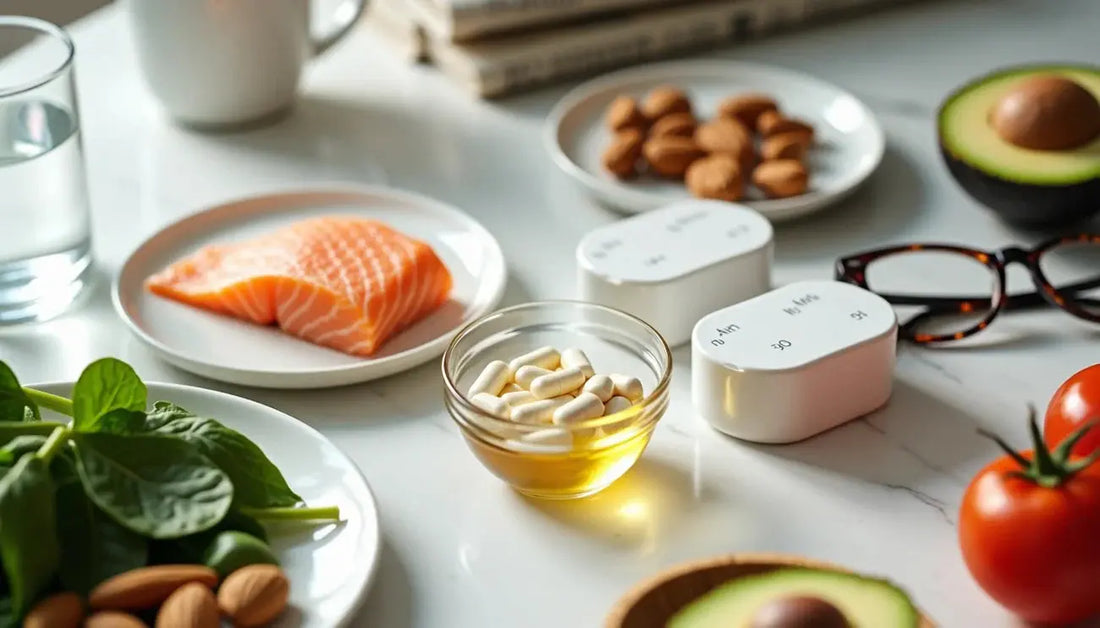 White supplement capsules in a glass bowl surrounded by heart-healthy foods like salmon, spinach, almonds, avocado, and tomatoes on a table.
