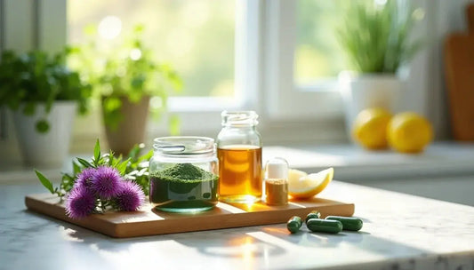 Detox supplements including milk thistle, glutathione, probiotics and NAC arranged for natural liver detox and body cleanse support.