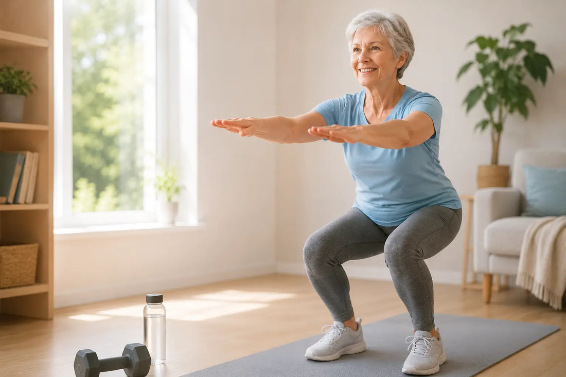 Older woman doing balance and strength exercises at home to support mobility and fall prevention after 55.