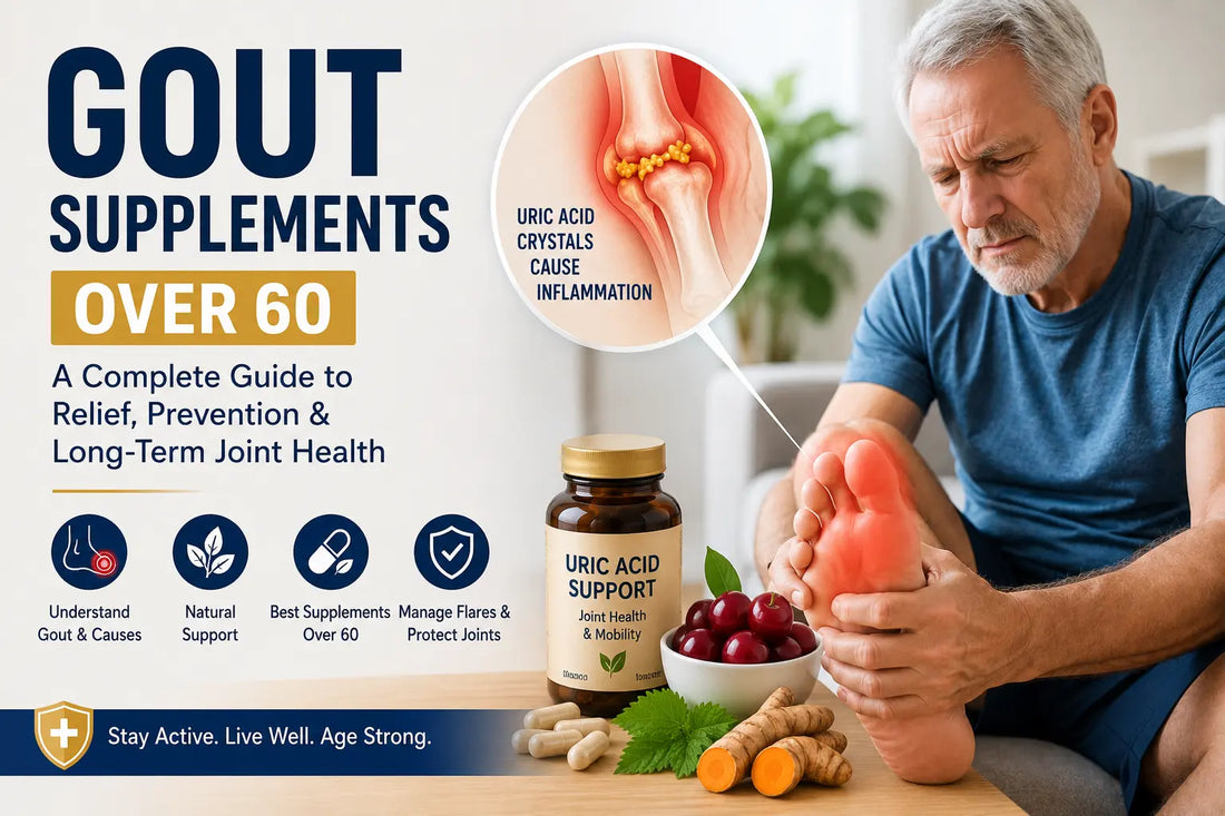 Older man with gout foot pain, uric acid crystal illustration and natural supplements for gout relief over 60.