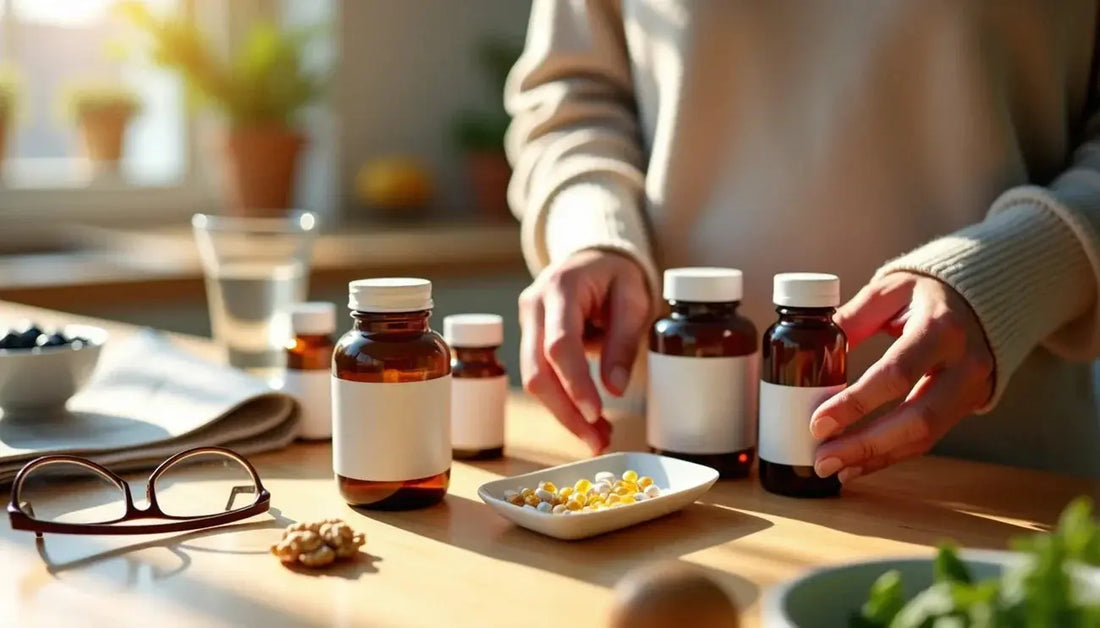 Person organizing various supplement bottles and capsules on a sunlit table with glasses and walnuts nearby