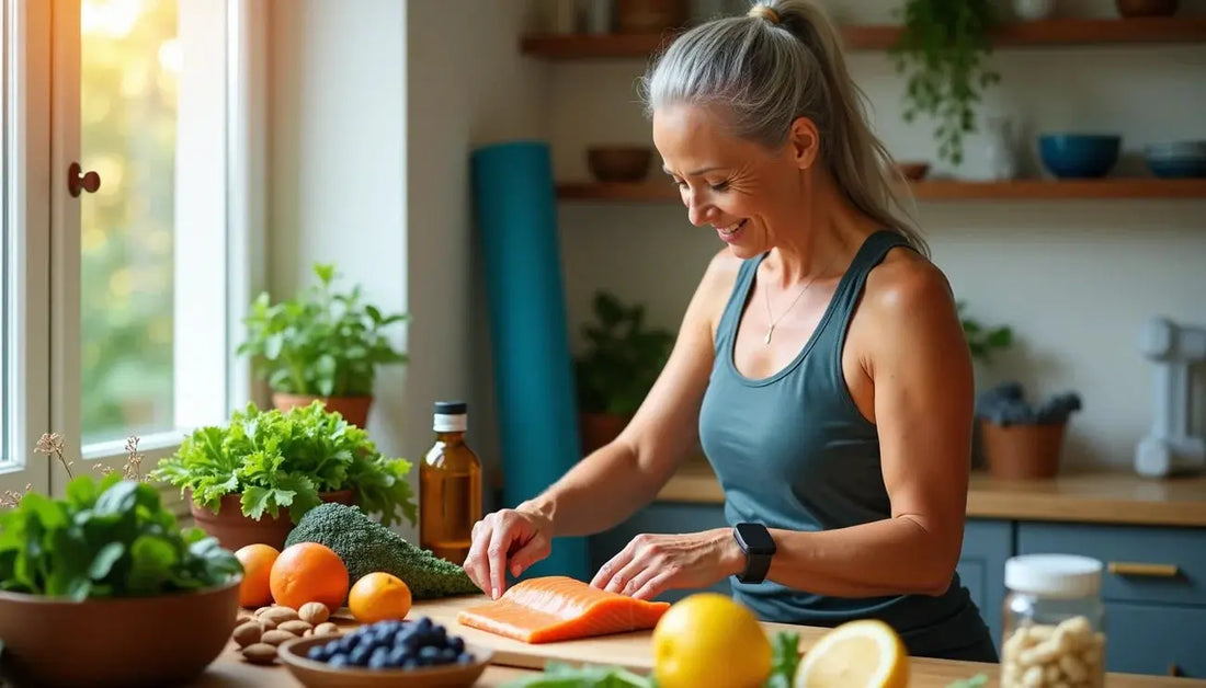 Fit middle-aged woman preparing salmon with fresh fruits and vegetables in a bright kitchen to boost mitochondrial health.