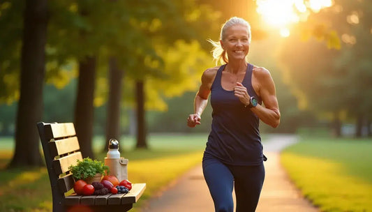 Older woman jogging in a park at sunrise with fresh fruits and a water bottle on a nearby bench symbolizing healthy aging.