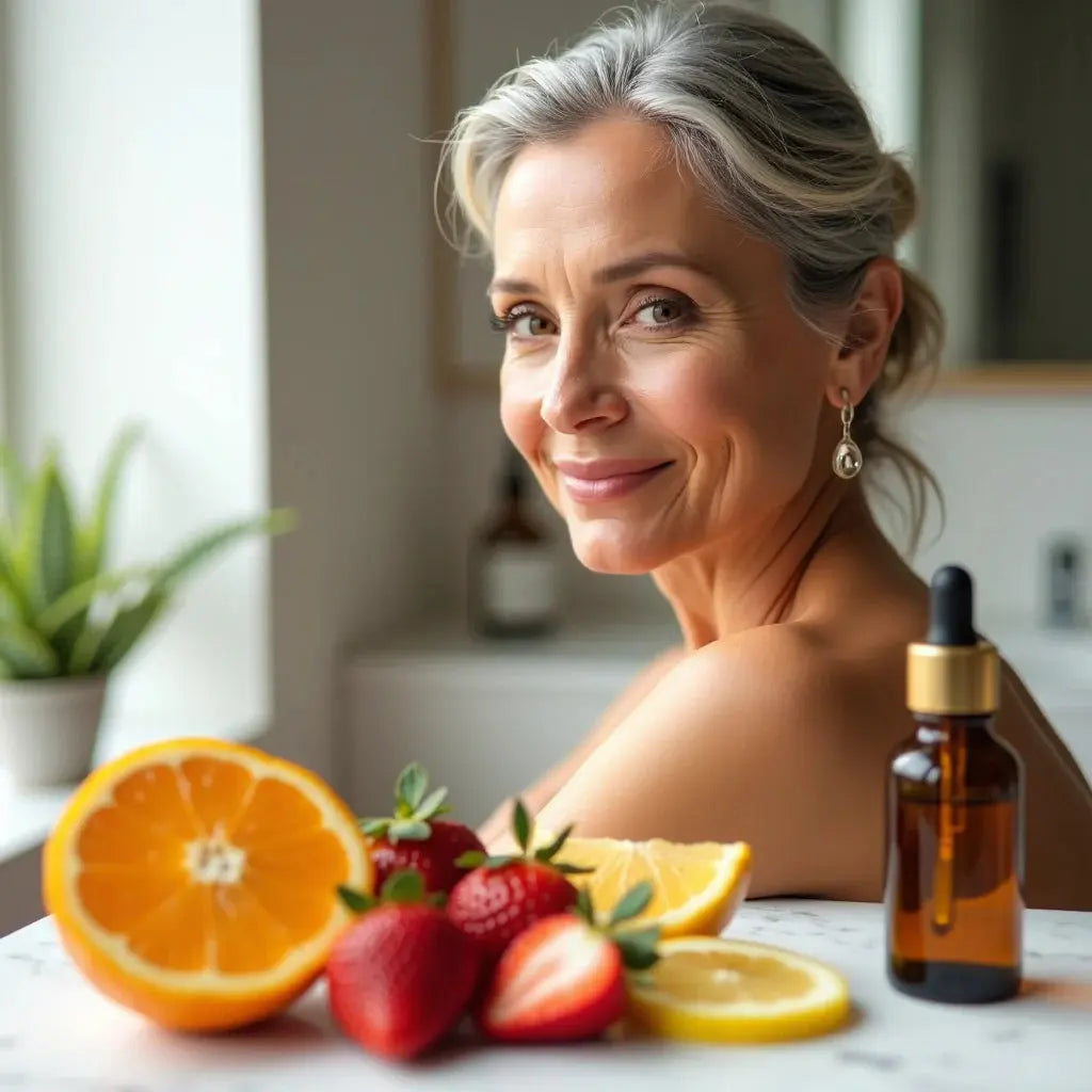 Woman with glowing skin sits near citrus fruits, strawberries, and a serum bottle promoting collagen production after 55.