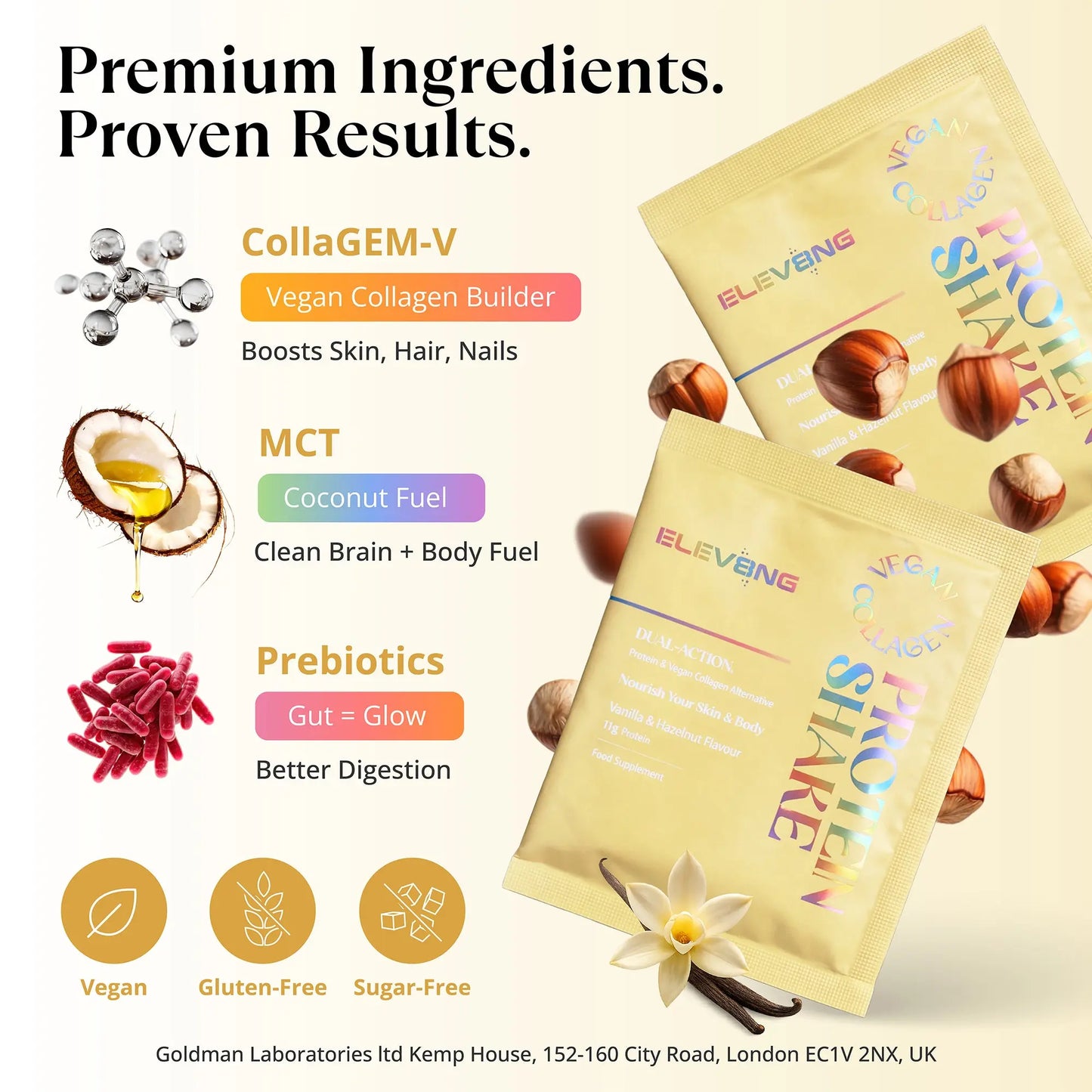 Elev8ng Vegan Collagen Protein Shake - Vanilla / Hazelnut Goldman Labs