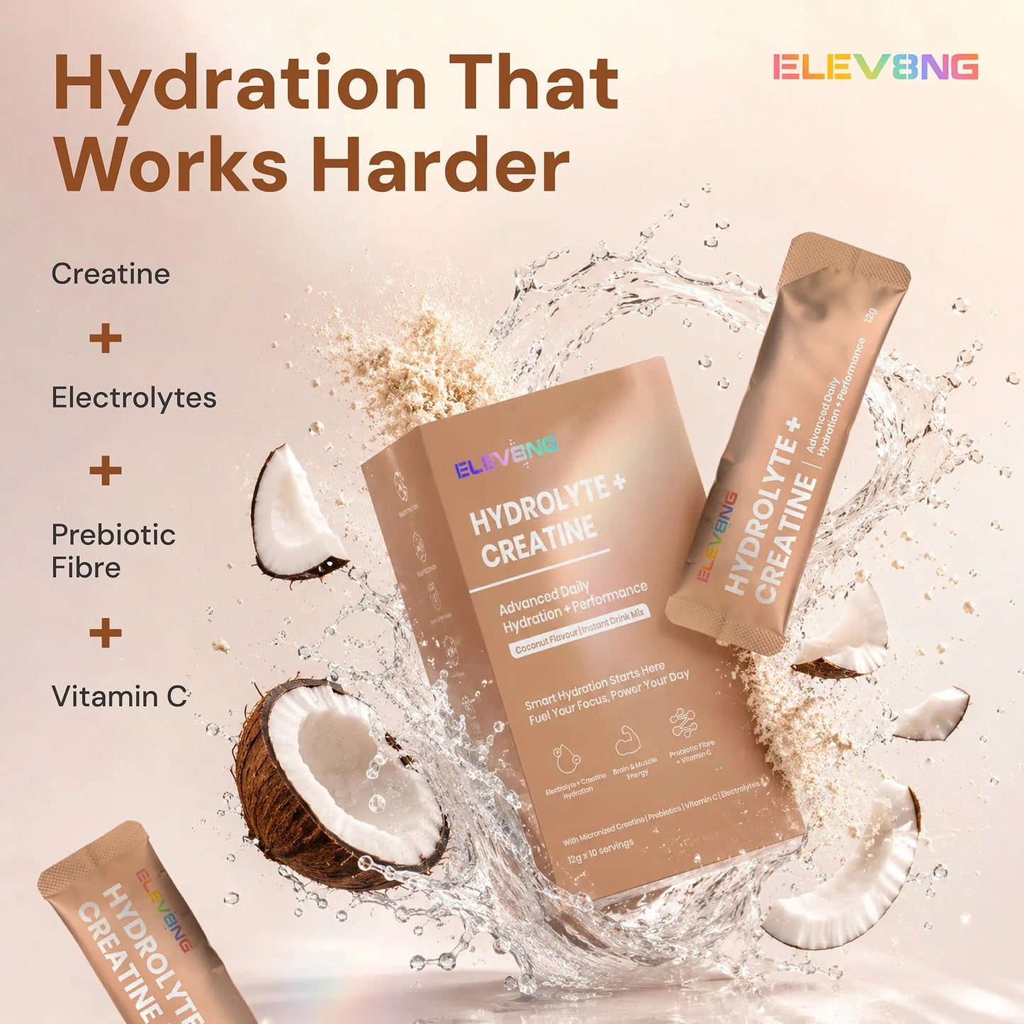 ELEV8NG Hydrolyte + Creatine – Coconut Hydration Drink Mix (10 Sachets) 5g Micronised Creatine + Electrolytes + Prebiotic Fibre + Vitamin C (Copy) (Copy) Goldman Laboratories
