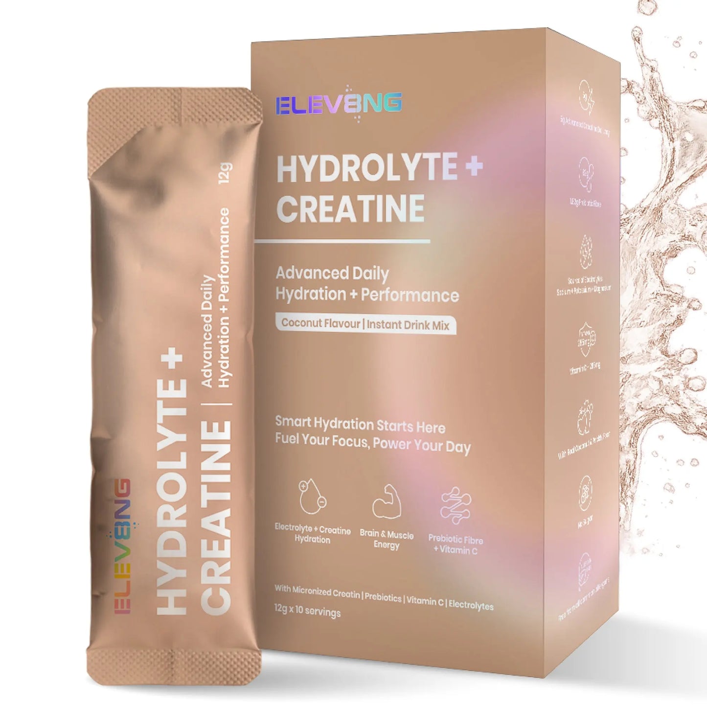 ELEV8NG Hydrolyte + Creatine – Coconut Hydration Drink Mix (10 Sachets) 5g Micronised Creatine + Electrolytes + Prebiotic Fibre + Vitamin C (Copy) (Copy) Goldman Laboratories