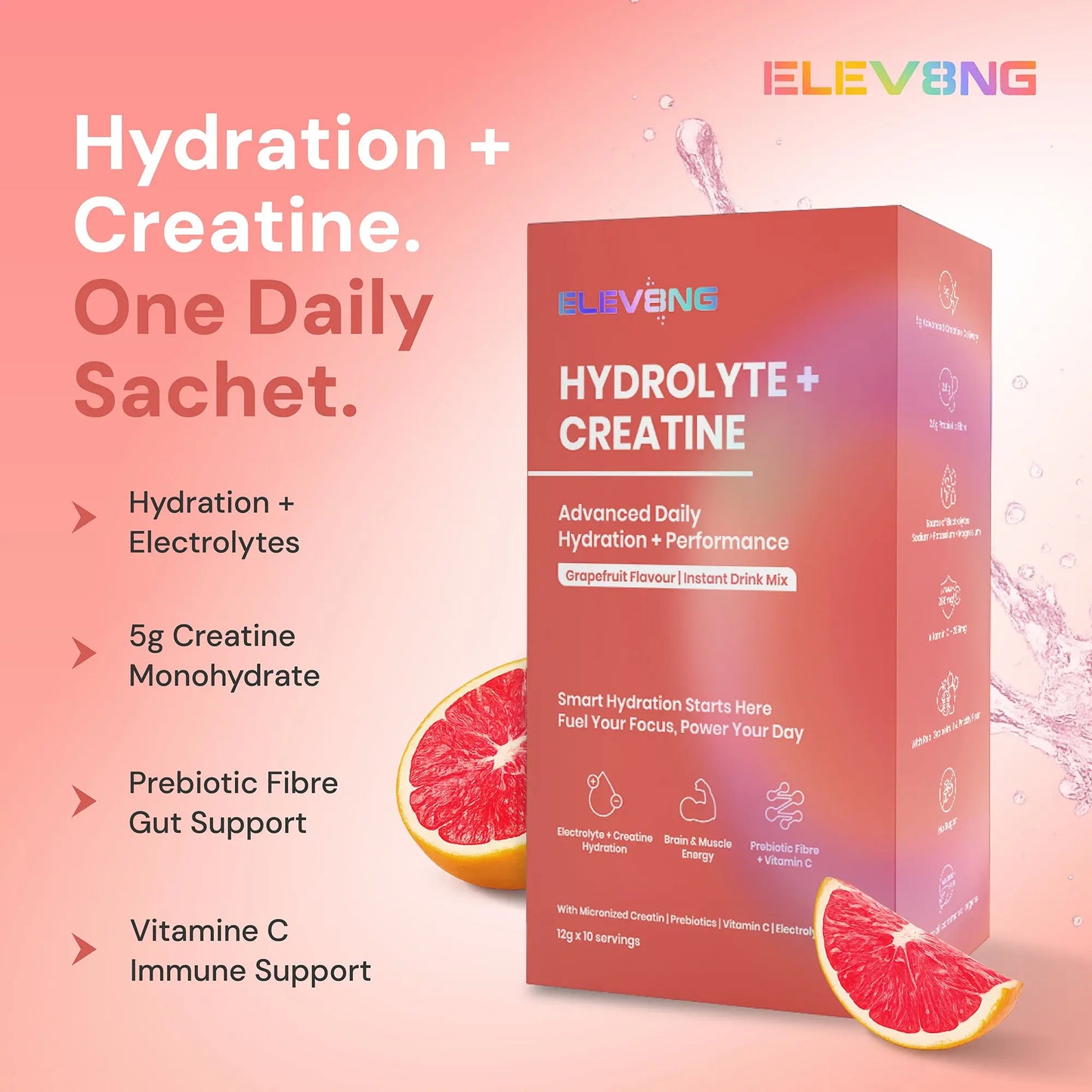ELEV8NG Hydrolyte + Creatine – Grapefruit Hydration Drink Mix (10 Sachets) 5g Micronised Creatine + Electrolytes + Prebiotic Fibre + Vitamin C (Copy) Goldman Laboratories