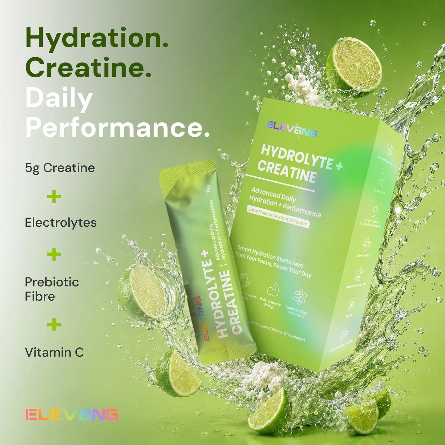 ELEV8NG Hydrolyte + Creatine – Lime Hydration Drink Mix (10 Sachets) 5g Micronised Creatine + Electrolytes + Prebiotic Fibre + Vitamin C Goldman Laboratories