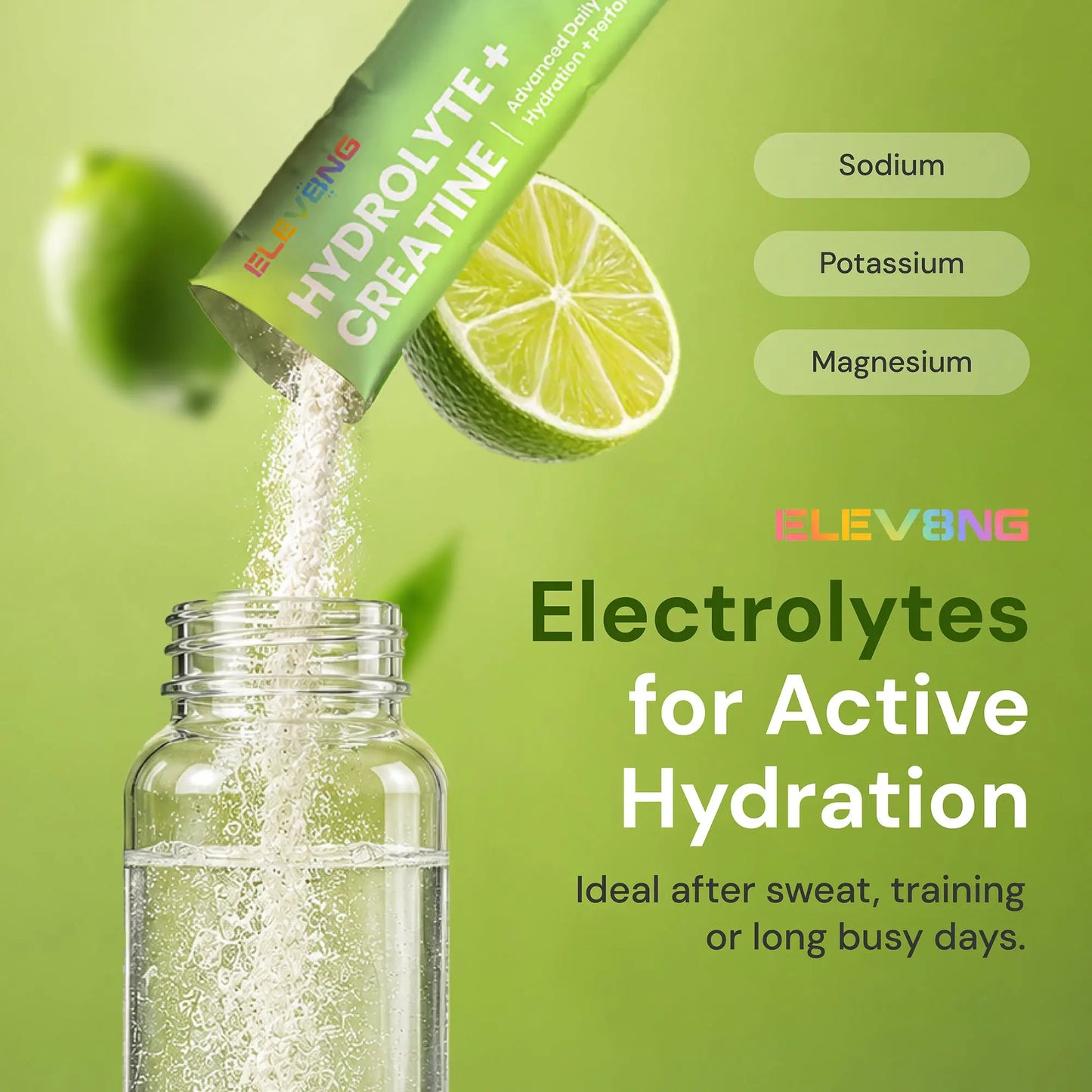 ELEV8NG Hydrolyte + Creatine – Lime Hydration Drink Mix (10 Sachets) 5g Micronised Creatine + Electrolytes + Prebiotic Fibre + Vitamin C Goldman Laboratories